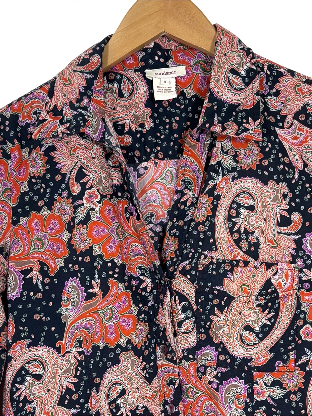 Sundance Paisley Cotton Button Front Blouse Size 8 - Picture 3 of 8